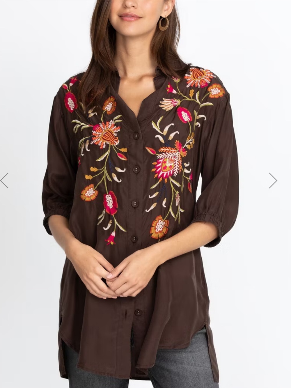 Johnny Was Rosalva Oversized Weekend Tunic Blouse Silk Floral Embroidery Brown L